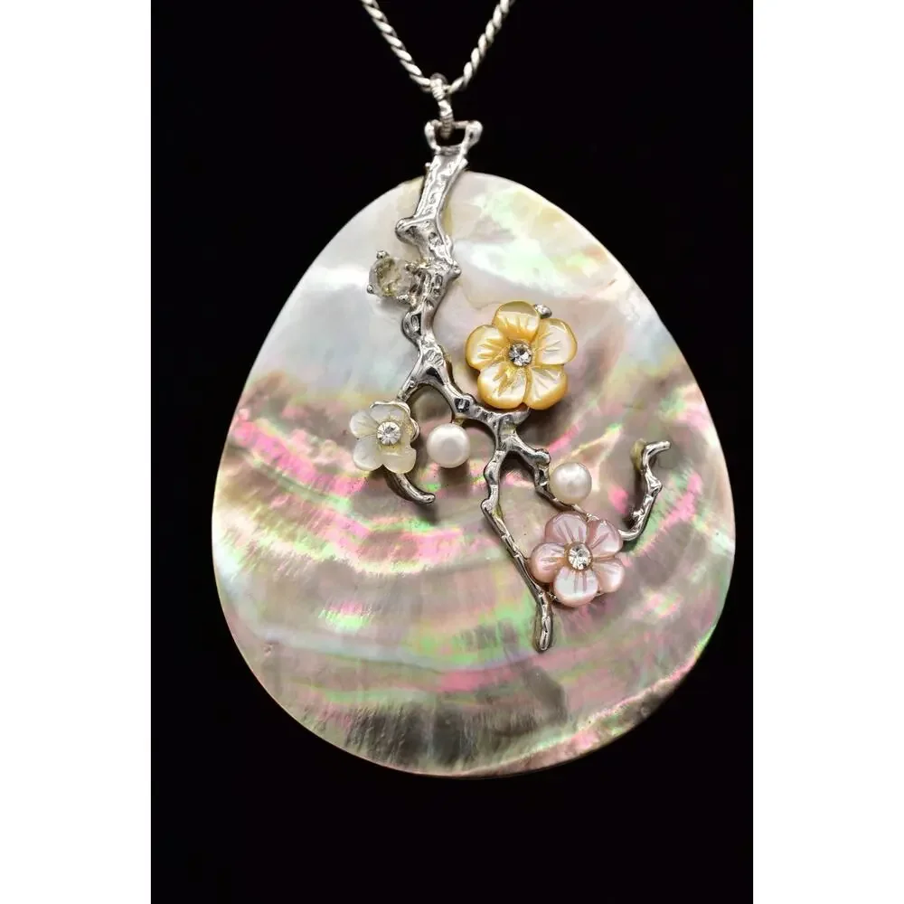 Vintage Abalone Shell Pendant on Brighton Chain Floral Mother Pearl AS IS BinBD